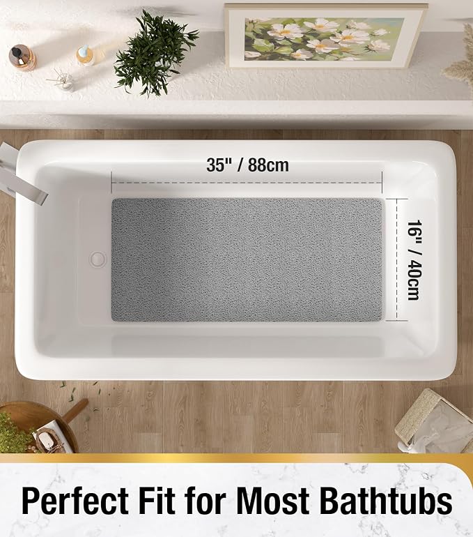 HITSLAM Bathtub Mat Non Slip, 35 x 16 Inch Long Soft PVC Loofah Shower Mat, Bath Mat for Tub Without Suction Cups, Quick Drying Bath Tub Mat for Shower and Bathroom, Easy to Clean, Grey