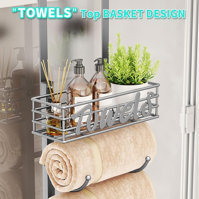 HapiRm Towel Racks for Bathroom Storage - 6 Tier Over The Door & Wall Mount Rolled Towel Storage Organizer Holder with Metal Shelf Basket for Small Bathroom, Camper, Rv - Sliver, Patented