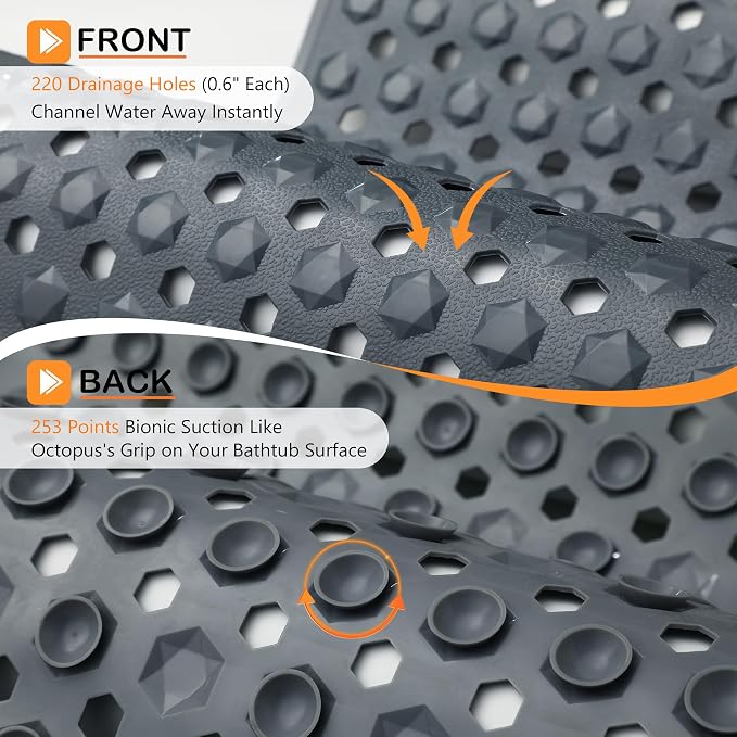 Yimobra Bathtub Mat Non Slip, 34.5"X15.5" Long Shower Mat for Inside Shower, Machine Washable Bath Mat with Drain Holes & Strong Suction Cups, Soft on Feet, Bathroom Essentials, Dark Grey