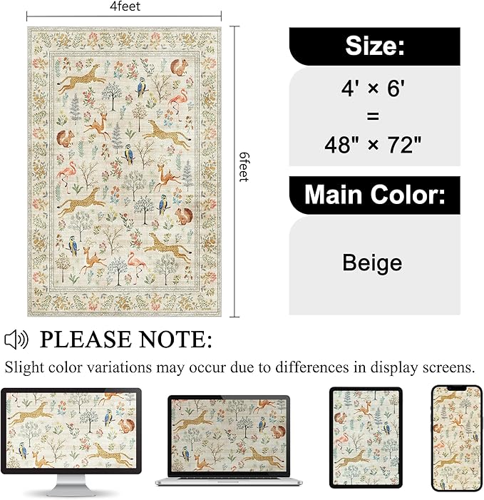 DUKINO 4x6 Rug, Washable Animal Area Rug with Non Slip Vintage Design, Indoor Soft Low Pile Carpet for Bedroom, Nursery, Dining Room, Farmhouse, Playroom, White