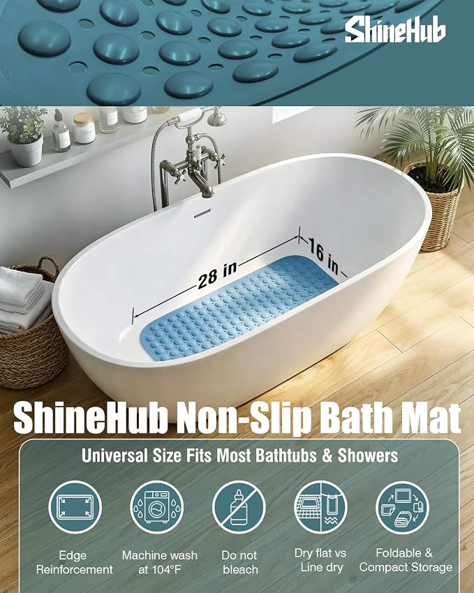 Non Slip TPE Bath Mat, Heavy Non Floating Shower Mat, 28x16, Blue | Strong grip, 166 suctions, 144 drains, 7mm extra-thick cushioned layer, washable, for bathroom shower tub floor