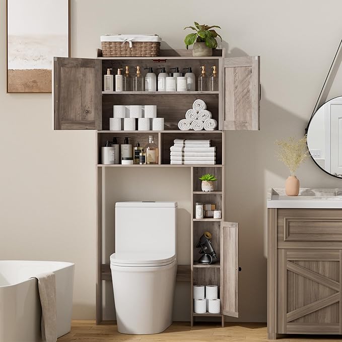 Homhedy Over The Toilet Storage Cabinet with 2 Barn Door and Toilet Paper Holder Stand, FreeStanding Toilet Shelf Space Saver, for Bathroom, Restroom, Laundry, Greige