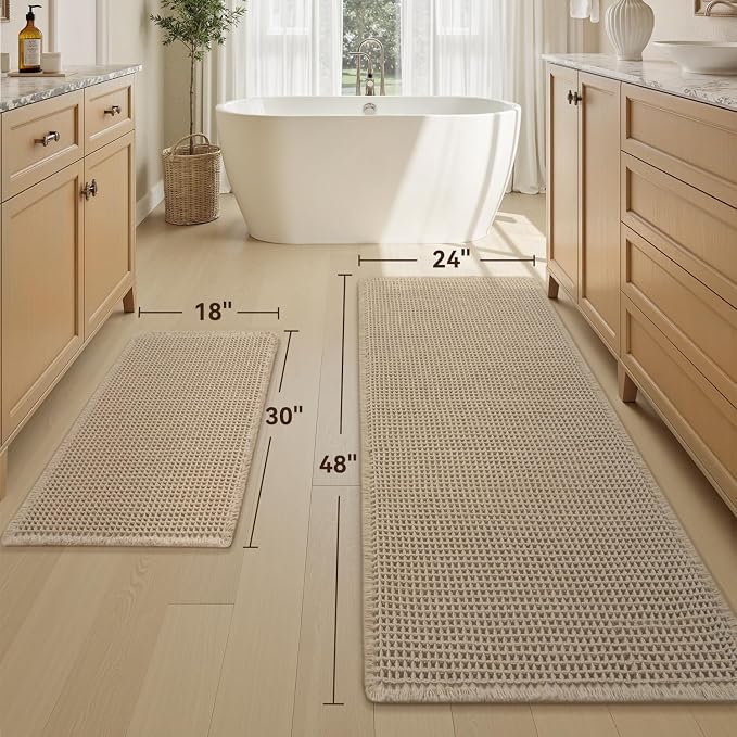 Upgraded Waffle Bath Mat Set of 2, Super Absorbent Non Slip Bath Mats for Bathroom Floor, Washable Boho Bathroom Rugs Set 2 Pieces with Tassels, Soft Bathroom Mat Set, Brown, 18" x 30" Plus 24" x 48"