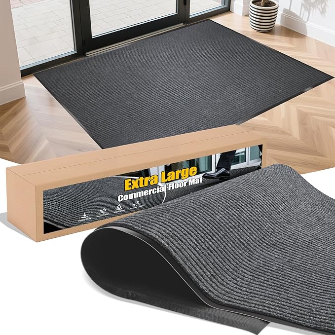 Extra Large Indoor/Outdoor Entrance Mat - 4 x 15 Feet, Rubber Border Door Mat Heavy Duty, Waterproof, Low-Profile, Easy to Clean, Rubber Entry Mat, Commercial Floor Mat, Charcoal Grey