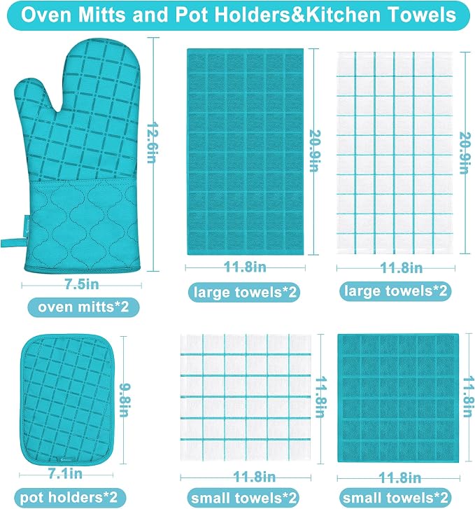Oven Mitts Kitchen Towels and Dishcloths Pot Holders Sets, Oven Gloves Kitchen Dish Towels 500 Degree Heat Resistant Potholders with Non-Slip Silicone Surface for Cooking, Grilling, Baking-Blue