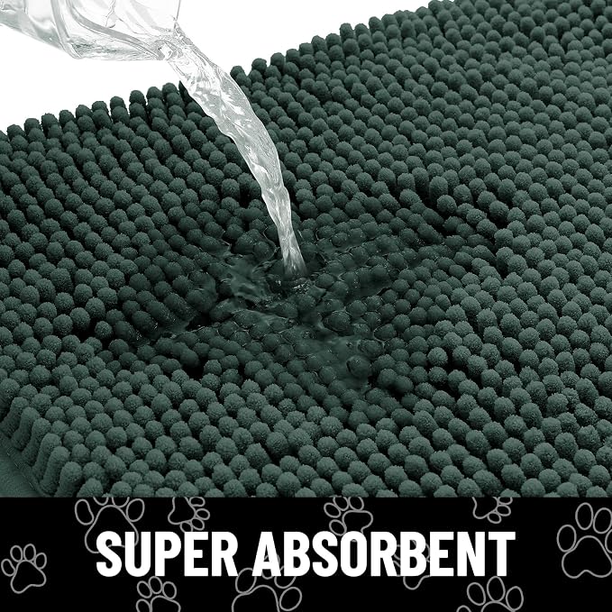 Smiry Dog Door Mat for Muddy Paws, Absorbent Dirt Trapper Non Slip Quick Dry Washable Chenille Mat for Mud Dogs, Entry Rug for Indoor and Outdoor (47x32 Inches, Green and White)