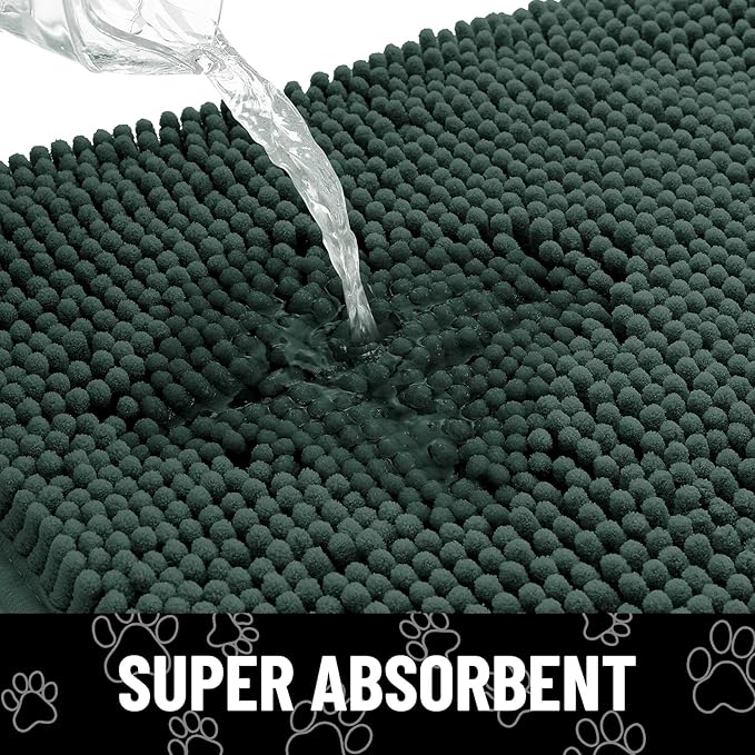 Smiry Dog Door Mat for Muddy Paws, Absorbent Dirt Trapper Non Slip Quick Dry Washable Chenille Mat for Mud Dogs, Entry Rug for Indoor and Outdoor (71x46 Inches, Green and White)