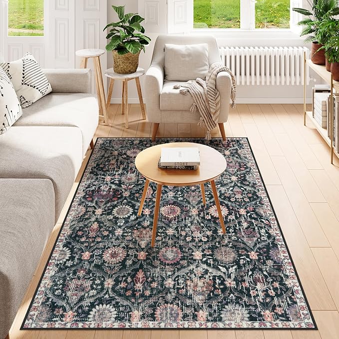 Lahome Moroccan Machine Washable Rugs for Living Room, 4x6 Rug for Bedroom Non-Slip Vintage Trellis Ultra-Thin Throw Carpet for Dining Room Office Nursery Elise, Black/Multi