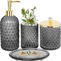 Haturi Gray Glass Bathroom Accessories Set, 4-Piece - Lotion Soap Dispenser, Toothbrush Holder, Cotton Swab Jar & Soap Dish – Elegant Gold Accent for Countertop & Housewarming Gift