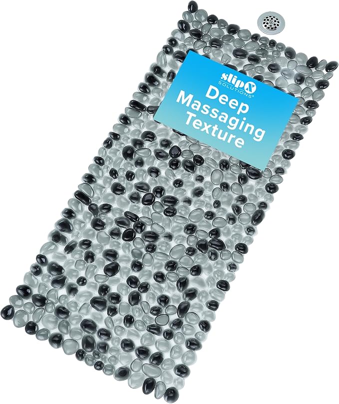 SlipX Solutions Non Slip Pebble Bath Mat for Shower & Bathtub 38x17 | River Rock Look | Accupressure | Massage Bath Mats for Tub | 188 Suction Cups | Machine Washable, Dark Gray Pebbles
