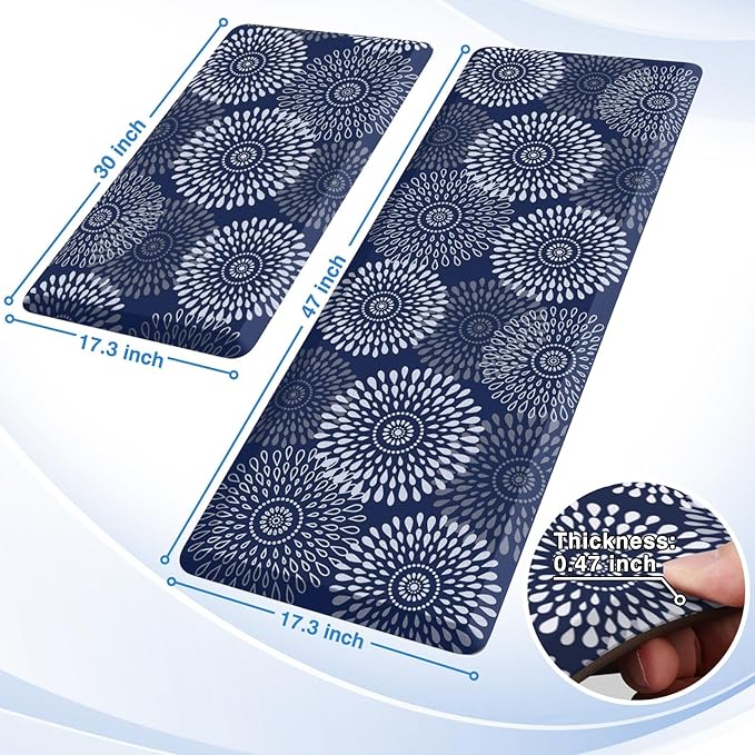 LuxStep Kitchen Mats for Floor,0.47 inch Thicker Cushioned Rug Anti-Fatigue Mats for Kitchen Decor Accessories,Waterproof Non-Slip Mats and Rugs Set for Office,Laundry 17.3"×29"+17.3"×47",Blue