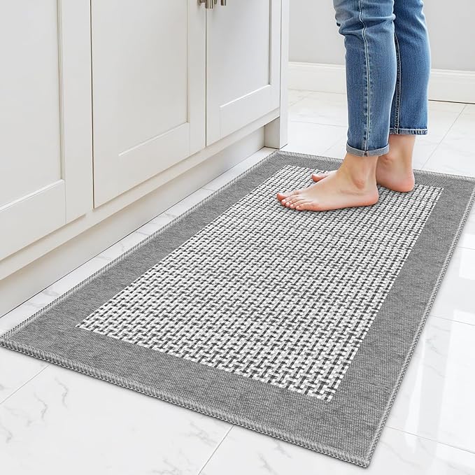 StepRite Kitchen Rugs, Kitchen Mats for Floor, 32"x20" Non-Slip Machine-Washable Kitchen Throw Rug, Light Grey