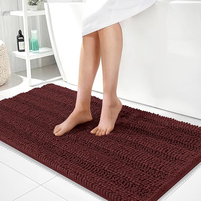 OLANLY Thick Bathroom Runner Rugs 44x24, Absorbent Chenille Striped Bath Rugs, Rubber Backing, Machine Wash, Long Bath Mats for Bathroom, Tub and Shower, Home Decor Accessories, Andorra Red-Brown