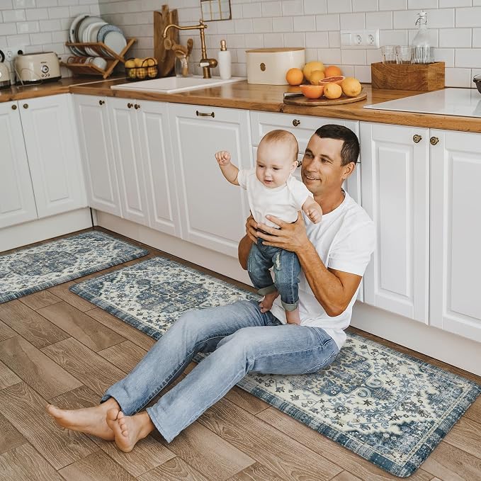 KIMODE Anti Fatigue Kitchen Mat for Floor 17.3"x29"+17.3"x59", Boho Vintage Kitchen Rugs Sets of 2, Cushioned Non Slip Kitchen Mats for Floor, Comfort Kitchen Floor Mat for Sink Laundry Desk Blue