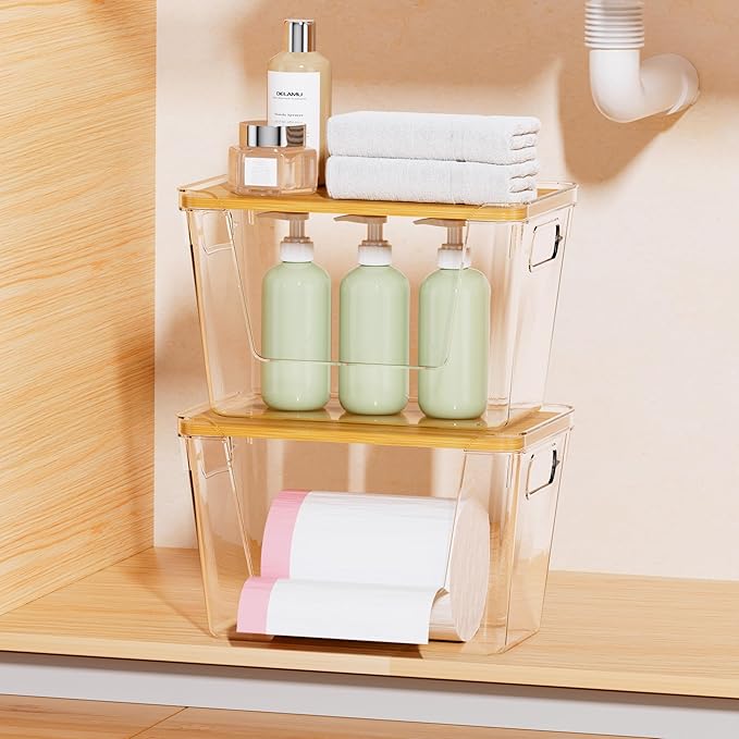 Delamu Acrylic Trash Bag Holder, 3 Pack Stackable Garbage Holder for 4-33 Gallon Bags, Clear Organizer Bins for Under Sink Organization, Pantry Storage, Cabinet, Kitchen, Laundry, Bathroom