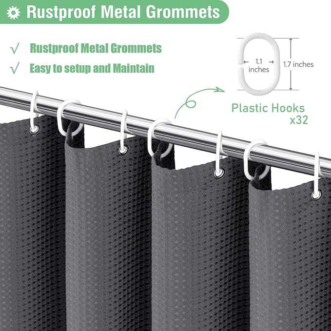 Dynamene Extra Wide Shower Curtain - 180 Inch Wide Waffle Weave Weighted Thick Cloth Bathroom Shower Curtain, Neutral Heavy Duty Hotel Shower Curtain Set with 32 Plastic Hooks,180x72, Charcoal Grey