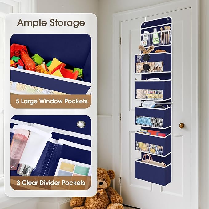 SpaceHacks 6-Tier Over The Door Organizer Hanging Storage Organizers with Clear Window 40lb Large Capacity Room Organizer for Pantry Bathroom Nursery Closet(Blue)