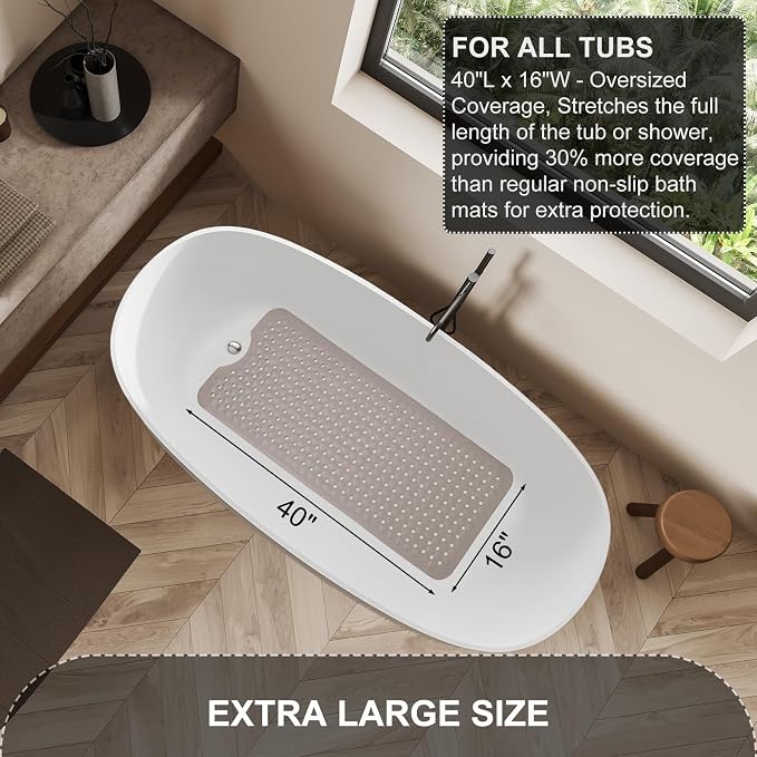 TEESHLY Bath Tub and Shower Mats, Non Slip 40 x 16 Inch Extra Long Bathtub Mat, Machine Washable Bathmat with Drain Holes, Suction Cups for Bathroom Floor, Tan