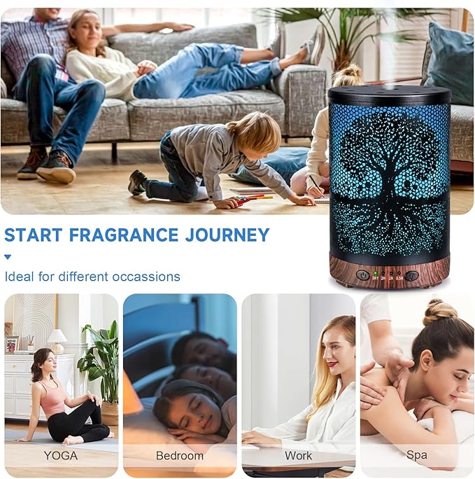 Essential Oil Diffuser 120ML Metal Aromatherapy Diffuser with Timer, Cool Mist Humidifier with Auto Shut-Off & 7 Color Lights for Home Office Spa (Life Tree)