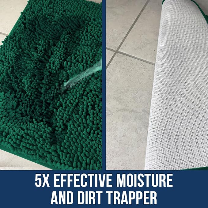 Muddy Mat® | Chenille Bathroom Rugs Quick Dry Microfiber Mats Non Slip Washable, Extra Thick, Soft and Highly Absorbent Bath Mats for Bathroom, Kitchen, and Shower Floor - Dark Green 35"x59"