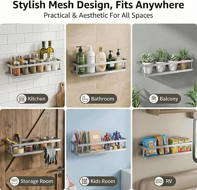 PUSDON 2-Pack 16.5" Extra Long Slim Shower Caddy, Adhesive Wall Mount Bathroom Organizer, Rustproof Open Frame Mesh Spice Rack for Kitchen, Holds 50LBS - Silver Gray, Guardrail