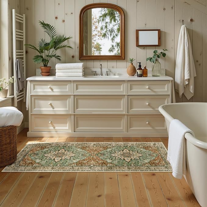 RELEANY Area Rugs Runner 2'x6' Washable Non-Slip, Floral Vintage Distress Medallion Carpet for Kitchen Hallway Bedroom Beside Laundry Room Bathroom, Terracotta Burnt Orange Green