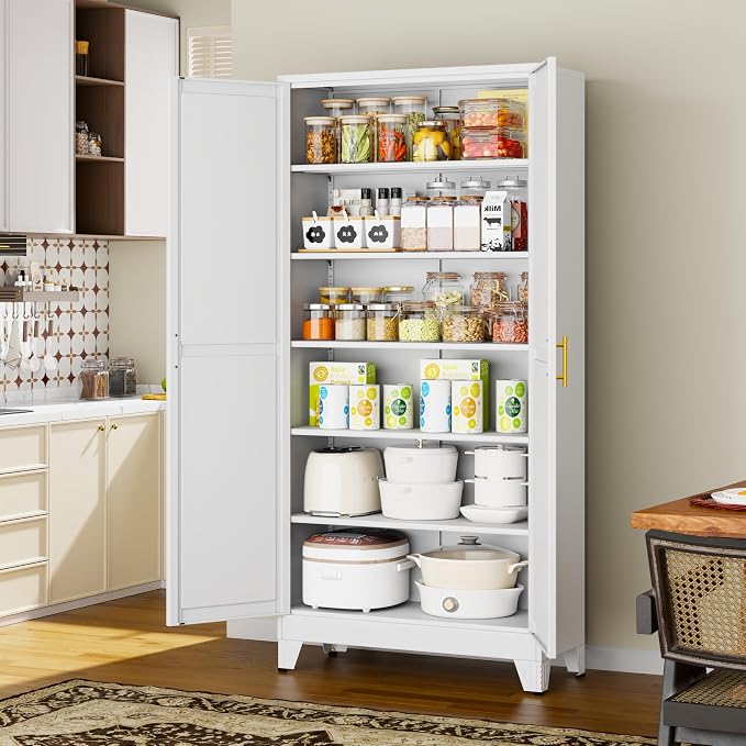 75" White Metal Garage Storage Cabinet with 2 Doors and 5 Adjustable Shelves,Kitchen Pantry Cabinet,File Cabinet,Steel Tool Cabinet for Home,Office,Garage,School,Warehouse