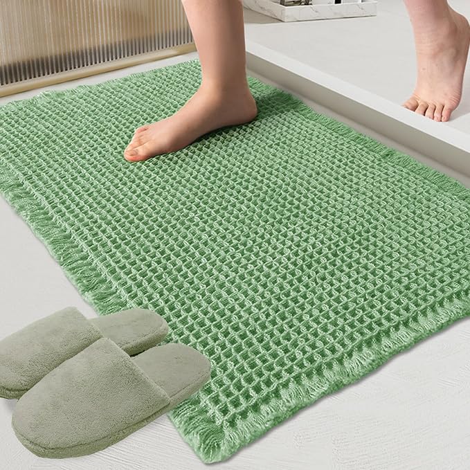 ZALL Sage Green Waffle Bath Mat,Super Absorbent Non Slip Bathroom Rug, 18x30inch, Machine Washable Ultra Soft Floor Mats