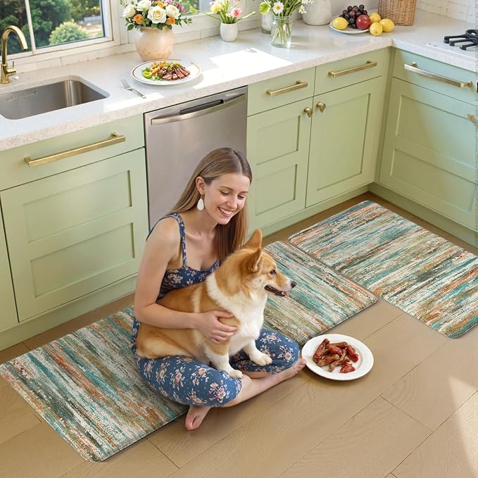 KIMODE Kitchen Mats for Floor Anti Fatigue 20"x47"+20"x32", Farmhouse Kitchen Rugs Sets of 2, Colorful Rugs for Kitchen Floor, Memory Foam Standing Mats for Laundry Office Sink Desk