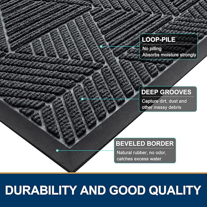 Smiry Front Door Mat Outside Entrance, Heavy Duty Sturdy Natural Rubber Doormat, Trap Dirt and Moisture, Easy Clean Low Profile Welcome Floor Mats for Indoor Outdoor Entry, 47x17 Inch, Grey