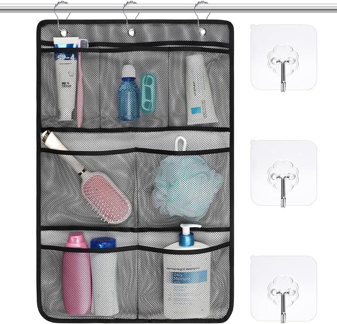 F-color Cruise Essentials 2026 - Mesh Shower Organizer Hanging with 7 Pockets for RV Gym Camping, Quick-Dry Portable Toiletry Bag with Metal Hooks for Bathroom Travel Toiletries, Black