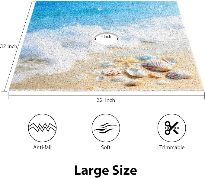 Square Shower Mat, Yonala 32 x 32 Inch Stylish Non Slip Shower Mats for Inside Shower with Central Drain Hole, Soft Trimmable PVC Loofah Anti Slip Shower Mat for Walk in Shower Stall, Quick Drying