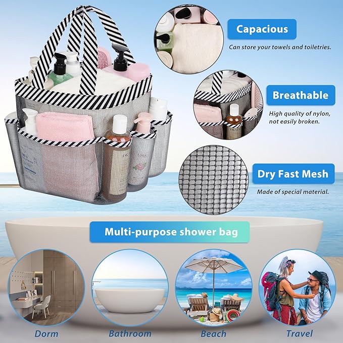 Attmu Mesh Shower Caddy Portable for College Dorm Room Camping Essentials, Shower Caddy Dorm with 9-Pockets, Large Capacity Hanging Basket Bathroom Bag for Toiletry, Swimming, Gym, Camp, Beach