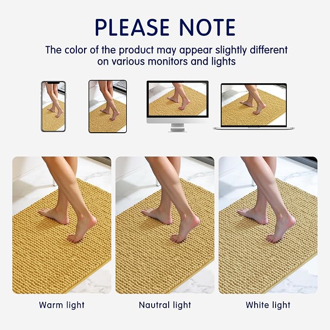 SUBRTEX Bathroom Rugs Chenille Bath Rug, Soft Short Plush Bath Mat, Water Absorbent Shower Mat, Quick Dry Machine Washable(Yellow, 24" x 60")