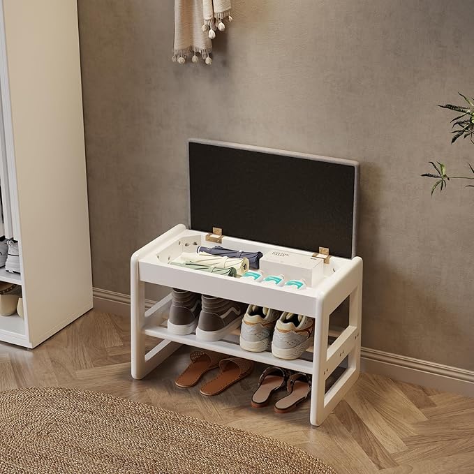AQIMUELE Shoe Rack Bench,2 Tiers Shoe Bench with Storage with Flip-Top,Wood Shoe Rack for Entryway,Hallway（White Upholstered Seat,11.8" D x 23.62" W x 15.7" H）