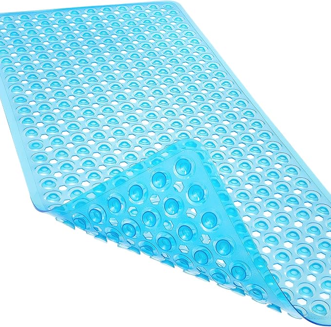 Non-Slip Bathtub and Shower Mats, Power Grip Bath Mat 35 x 16.3 Inch with Suction Cups and Drain Holes for Tub Bathroom Floor Safety, Machine Washable Soft Bathmat, Clear Blue