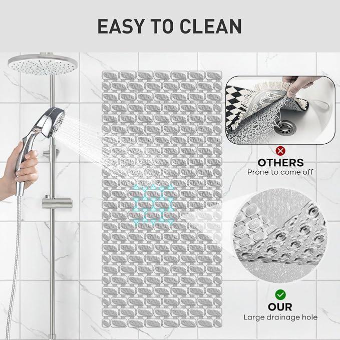 XIYUNTE Shower Mat Non Slip Bathtub Mat - 36 x 16Inches Soft Rubber Bath Mat for Tub Non Slip Bath Mat with Suction Cups and Drain Holes, Easy to Clean, Easy to Cut, Eco-Friendly, Grey