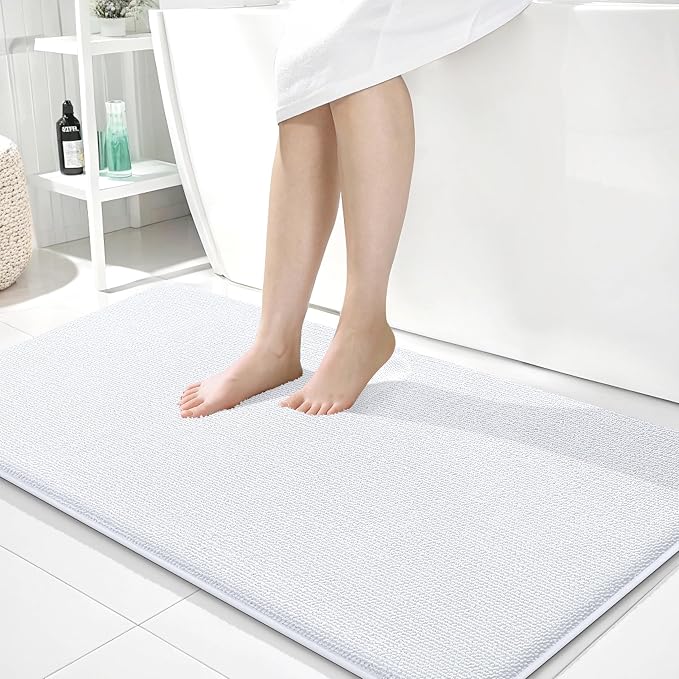 OLANLY Thick Memory Foam Bathroom Runner Rugs 44x24, Extra Soft Absorbent Long Bath Rug, Quick Dry Bath Mats, Non-Slip, Machine Washable Mat for Bathroom, Tub and Shower, Home Decor Accessories, White