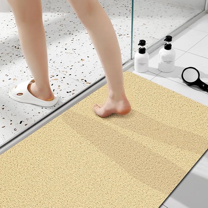Shower Mat Non Slip 47x32 Inch, Quick Drying PVC Loofah Bath Mats, Easy Clean Soft Bathroom Rugs for Tub Floor, Shower, Khaki