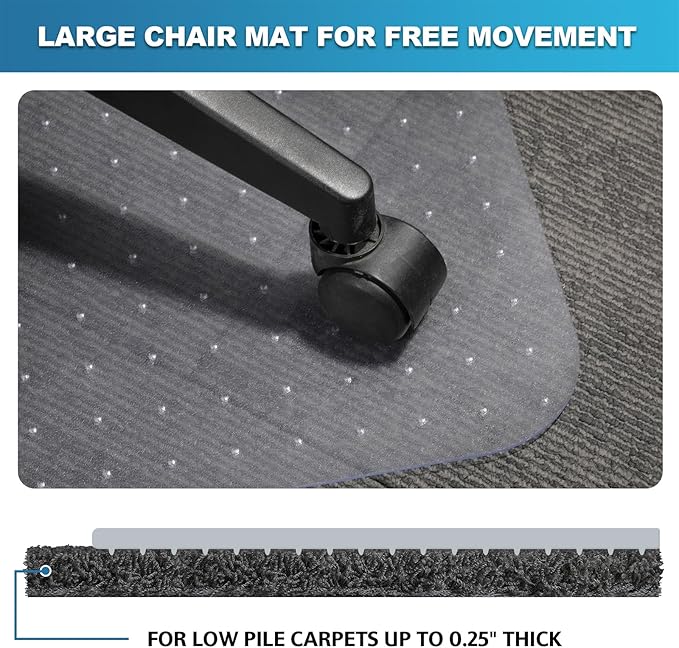 Thickened Chair Mat for Carpet - 47”X 35.5” Heavy Duty Office Chair Mat for Low-Pile Carpeted Floors. Carpet Protector for Office Computer Desk Chair. Easy Rolling, Clear