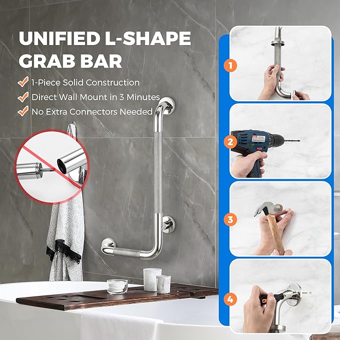 2 Pack L-Shaped Grab Bars for Shower, 24x12 Inch Stainless Steel Grab Bars for Elderly for Wall Mount, Anti-Slip Knurled Grip Bathroom Safety Rail, Right