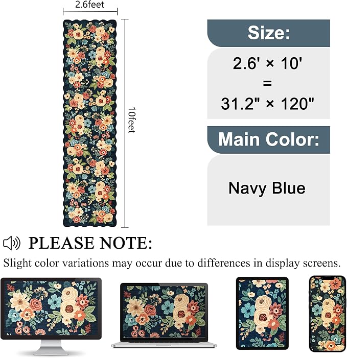 DUKINO 2.6x10 Runner Rug for Hallway, Lightweight Washable Floral Kitchen Rug with Non Shedding, Soft Low Pile & Non Slip Backing Boho Runner for Entryway, Bathroom, Laundry, Bedroom, Navy Blue