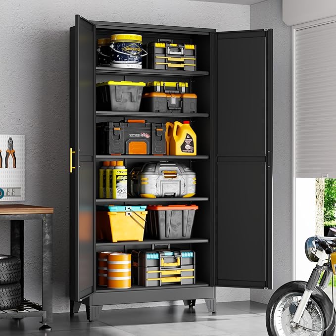 75" Black Tall Metal Garage Storage Cabinet with 2 Doors and 5 Adjustable Shelves,Kitchen Pantry Cabinet,File Cabinet,Steel Tool Cabinet for Home,Office,Garage,School,Warehouse