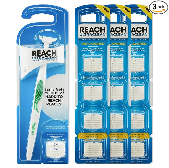 Reach Ultraclean Access Flosser Bundle, Unflavored, Plaque Remover for Teeth, for Hard to Reach Areas, Oral Care, PFAS-Free, 1 Flosser Starter Kit + 3 Packs Refill Heads
