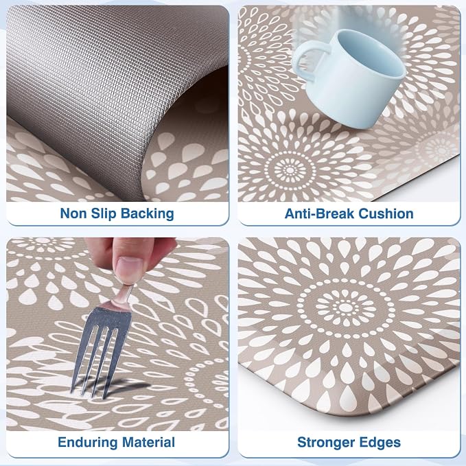 LuxStep Kitchen Mats for Floor,0.47 inch Thicker Cushioned Rug Anti-Fatigue Mats for Kitchen Decor Accessories,Waterproof Non-Slip Mats and Rugs Set for Office,Laundry 17.3"×29"+17.3"×60",Khaki
