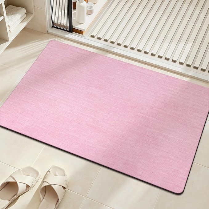 Mecko Bath Mat Rug, Ultra Thin Bathroom Rug -Rubber Non-Slip Quick Dry Absorbent Bath Mat Fit Under Door, Faux Suede Surface Bathroom Floor Mats for Bath, Shower, or Sink (Pink,20"x32")