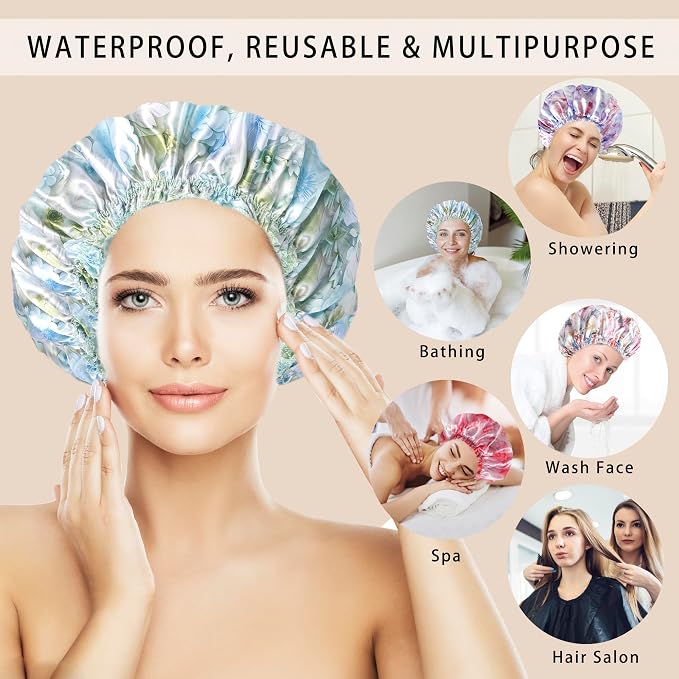 4 PCS Shower Caps for Women, 3D Printing Bath Caps, Double Layers Shower Cap Reusable Waterproof, Bathing Shower Caps, Environmental Protection Hair Bath Hat - Flower