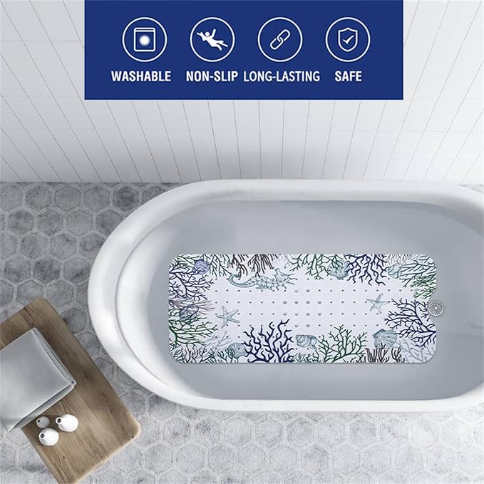 Bathtub Mat Non Slip 40x16 Inch Extra Long Bath Mat, Sea Animals Shower Mat Non Slip Bath Mat for Tub Anti Slip with Large Drain Holes and Suction Cups, Ocean Design Bathroom Mat for Bathroom Decor ﻿