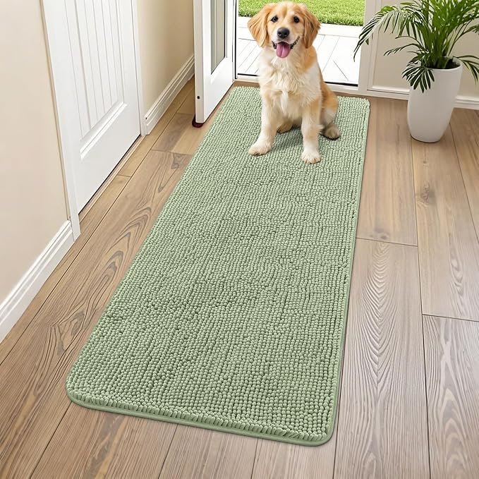 Smiry Dog Door Mat for Muddy Paws 59x24, Absorbent Dirt Trapper, Non-Slip Washable Chenille Entryway Rug for Inside Floor, Sage Green, Classic Solid
