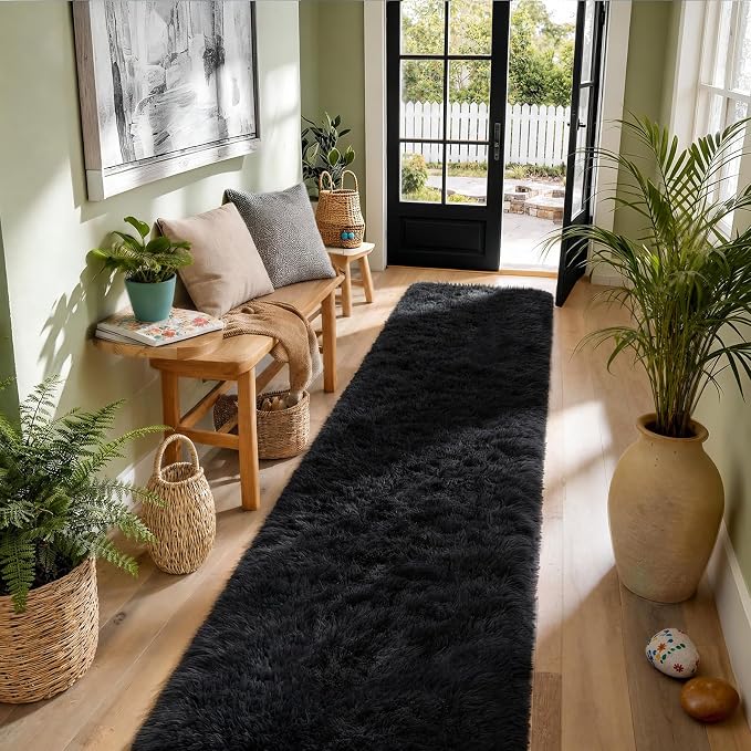 Ophanie Runner Rug for Hallway, 2.5x12 Washable Non-Slip Fluffy Soft Bedside Rugs, Bedroom Living Room Shaggy Carpet for Kids Girls Boys Dorm Nursery Home Decor Aesthetic, Black